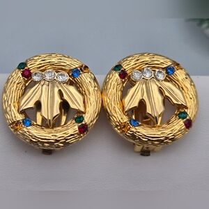 Vintage 1960s Rhinestone Christmas Wreath & Holly Clip-On Earrings